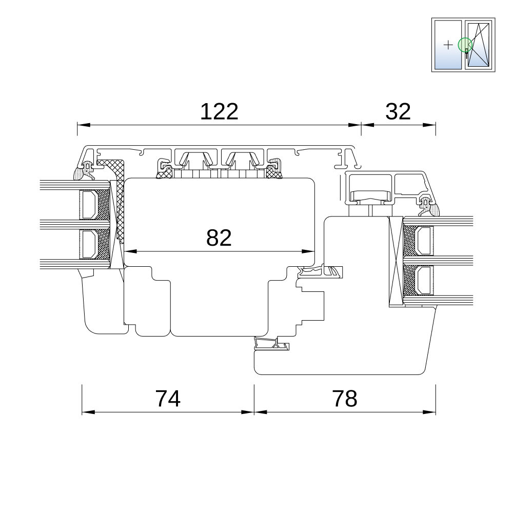 Idealu Classicline IV 68 Festverglasung mit Flügel Profilschnitt