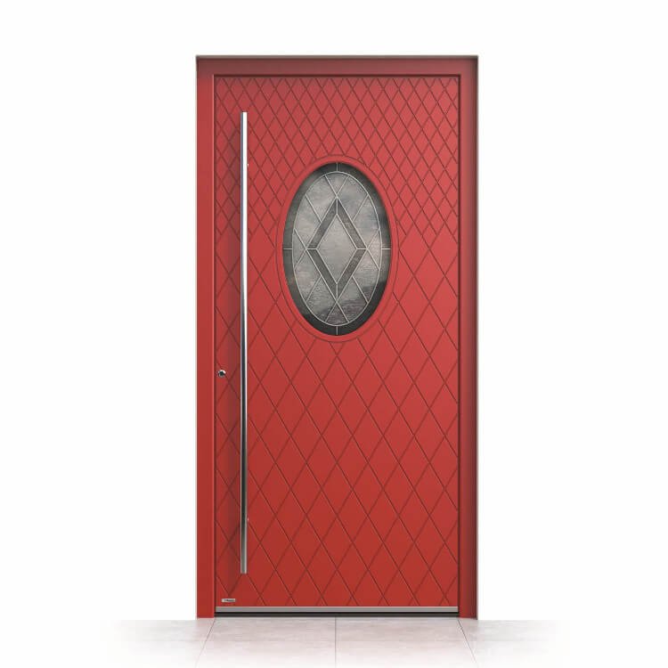 Haustür mit rundem Fenster rot